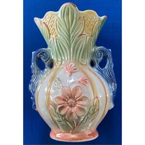 VTG Lusterware Vase Brazil 8.5" Tall Double Handle - Raised Colorful 3D Flowers